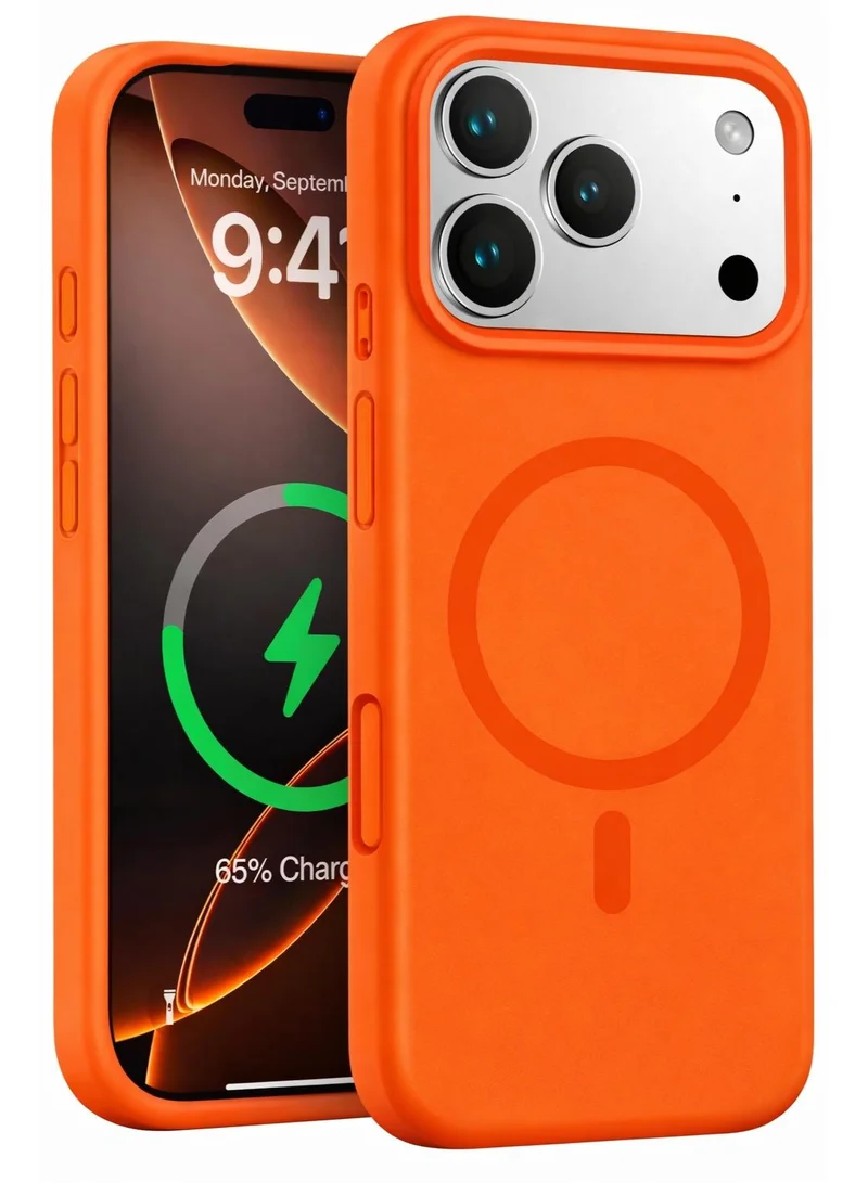 Mobcos Mobcos iPhone 17 Pro Max Orange Elite Ring Premium Silicone Magnetic Wireless Charging Case for iPhone | Silky Soft Touch | Military-Grade Shockproof Protection | Strong Magnetic Compatibility | Luxury Slim Cover